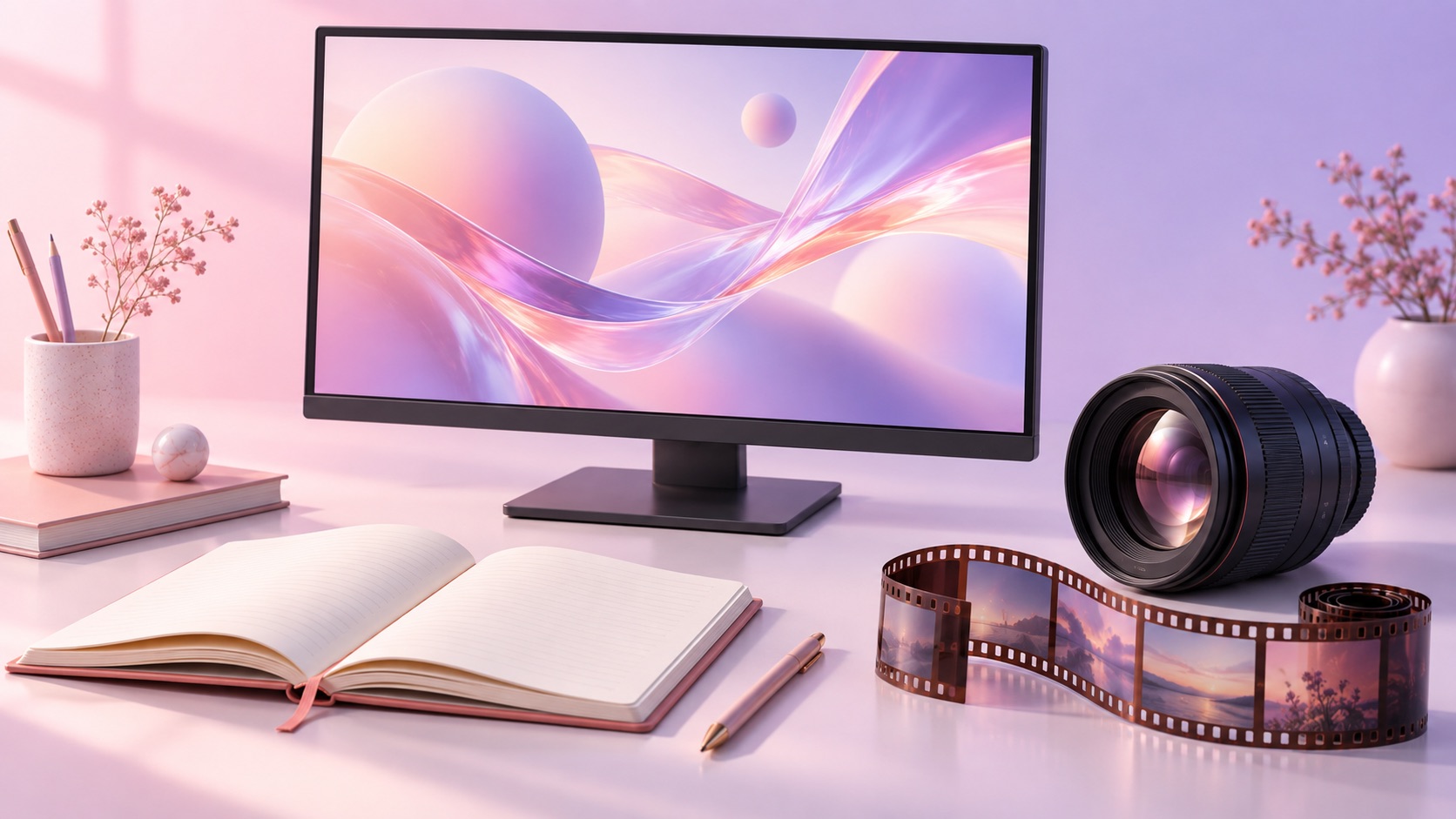 粉紫色学习桌上的视频屏幕、镜头胶片与笔记本插画